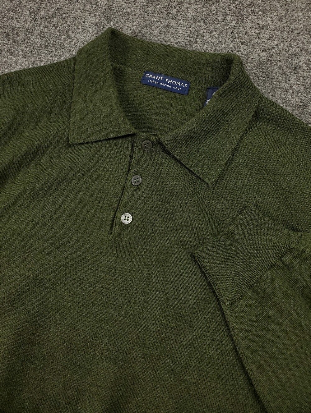 Grant Thomas Italian Merino Wool Sweater Polo Large Olive Green Long Sleeve